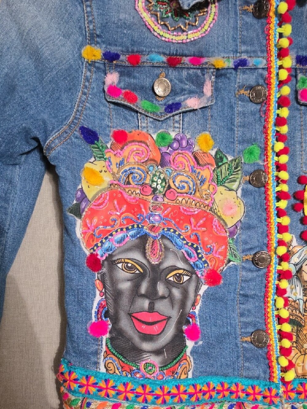 Denim Jacket,Anticia Sartoria By Giacomo Cinque Beading, Embroidery And Pompom - Picture 3 of 10